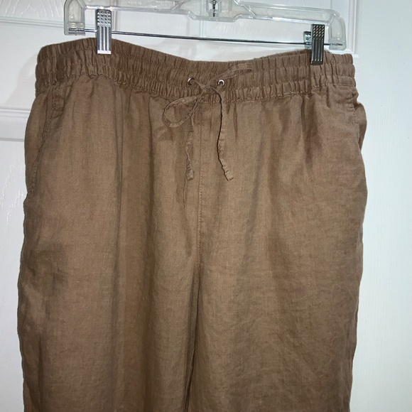 H&M tan linen straight leg elastic waist pants Sz L pockets drawstring - Picture 3 of 8